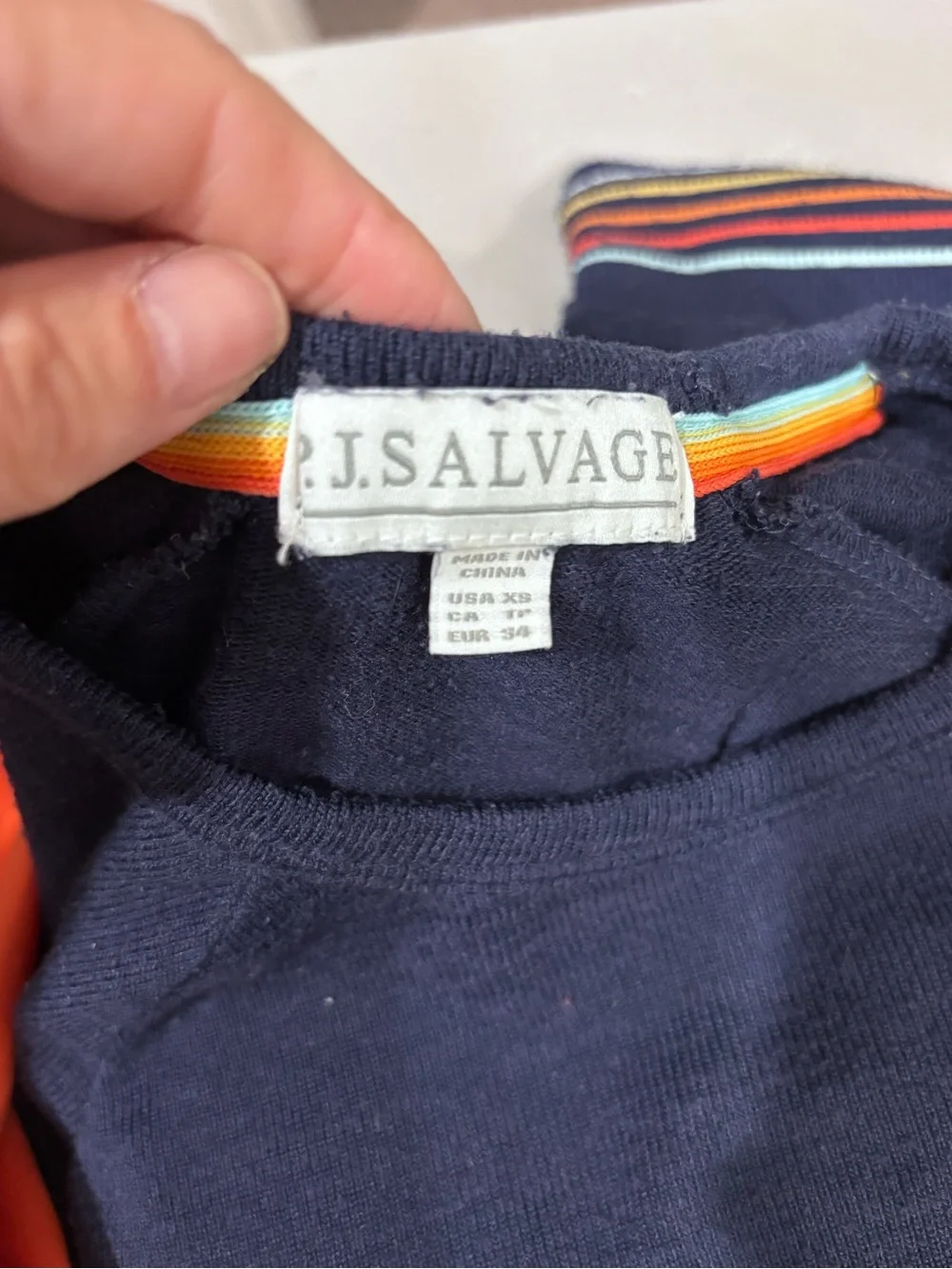 P.J. Salvage Navy Top with Rainbow Neck Stripe - Picture 2 of 8